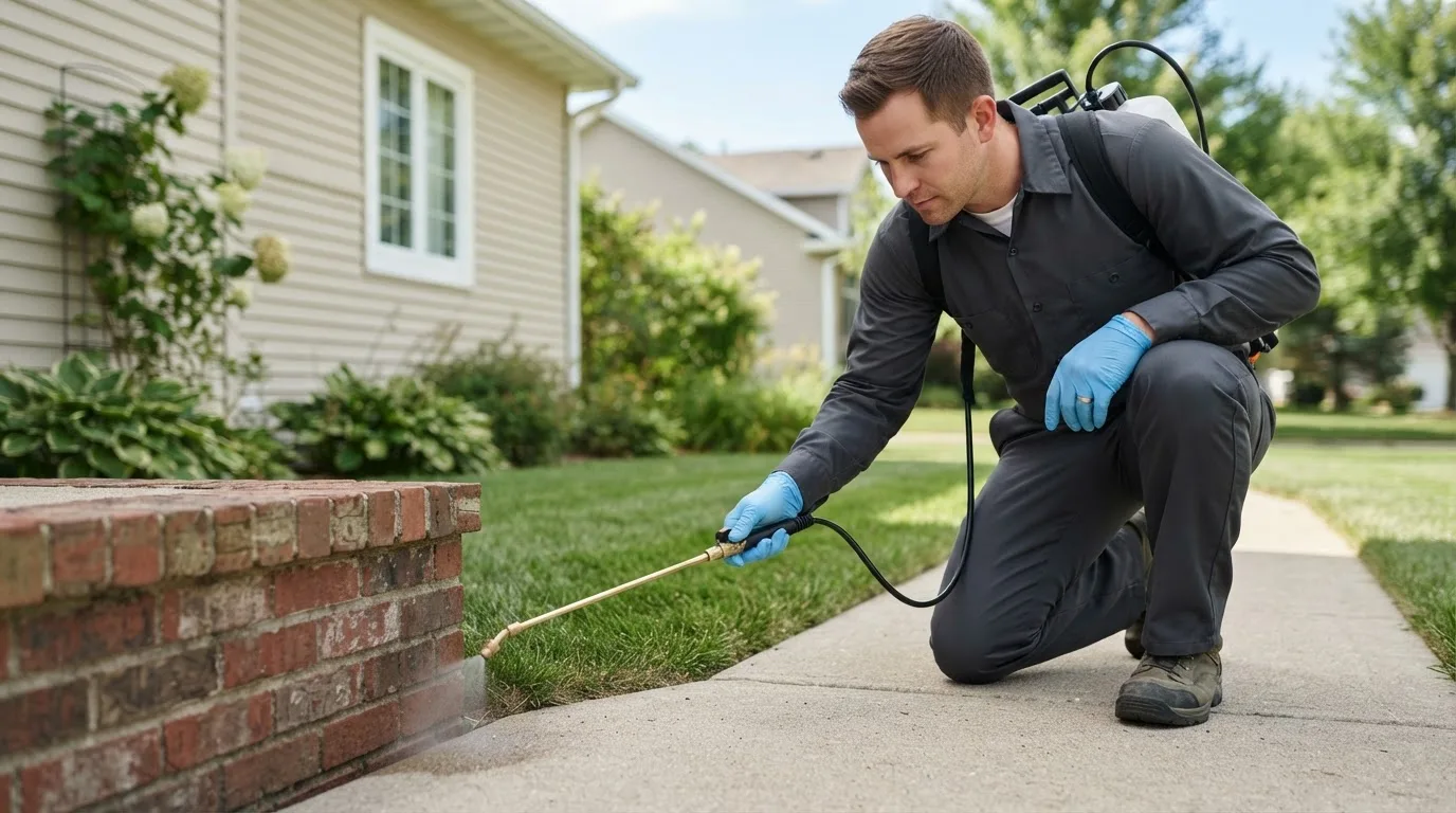 Pest control technician treating a home near Sunapee, NH